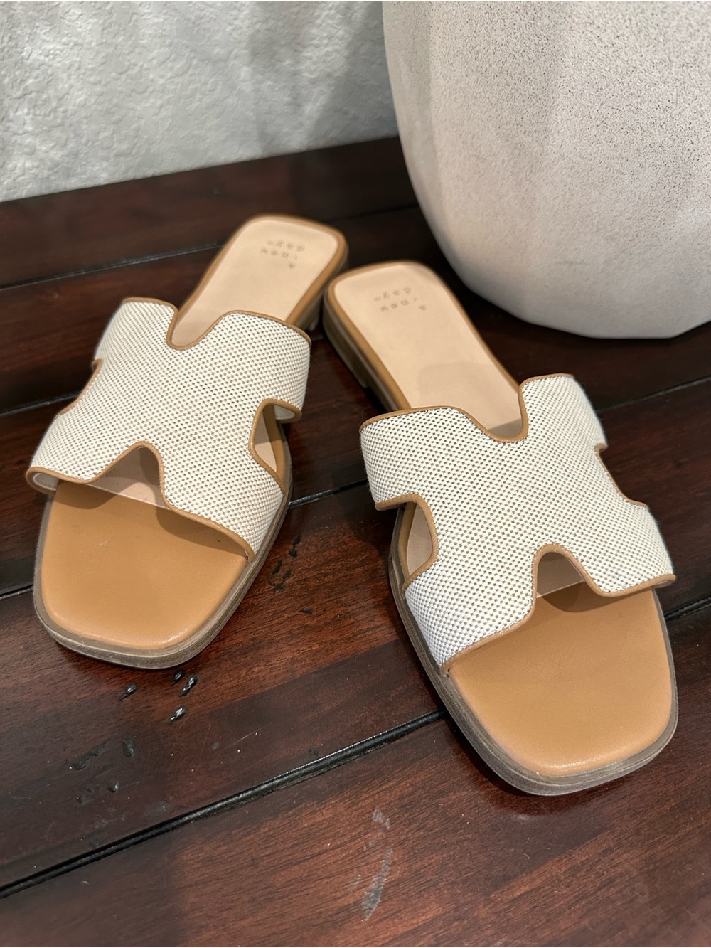 Women’s Cream Textured Slide Sandals with Tan Footbed